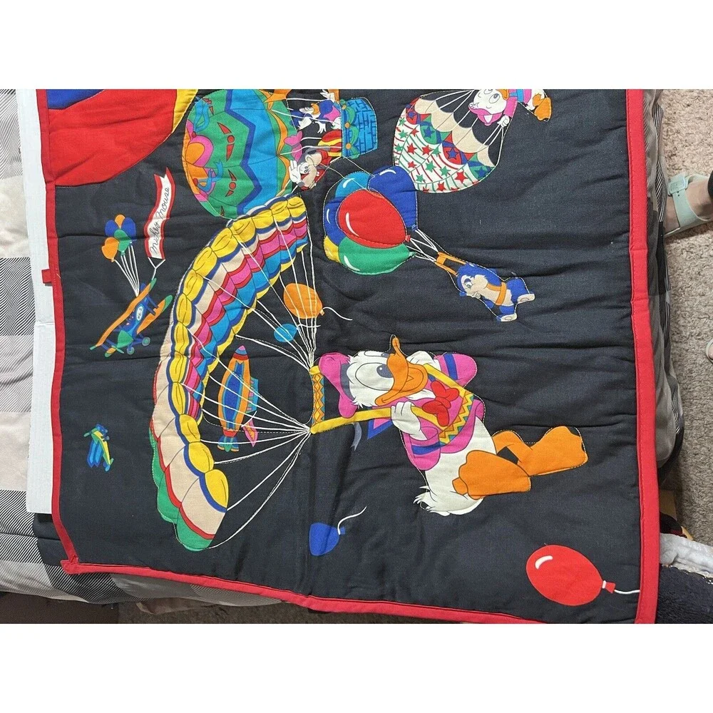 VTG Handmade Mickey Mouse Friends Blue Quilt Wall Hanging Loops Hot Air Balloon